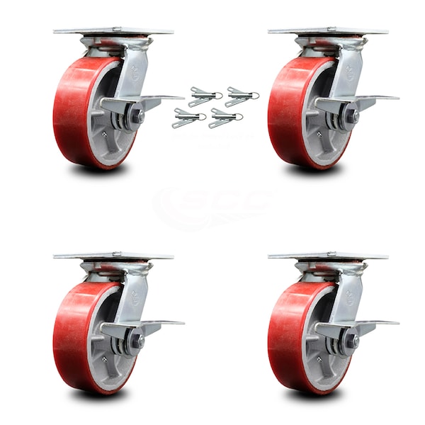6 Inch Poly on Cast Iron Caster Set with Ball Bearing and Brakes/Swivel Locks